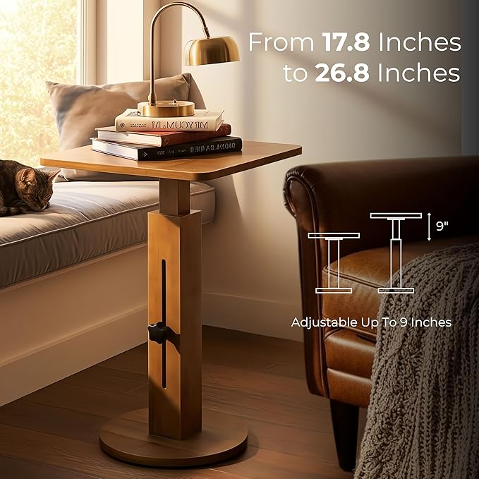 Behomes Aurin Solid Wood Nightstand, Mid Century Modern Side Table with Adjustable Height, Vintage Sofa End Table, Bedside Table for Bedroom, Living Room, Square Top, Walnut