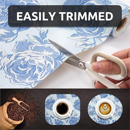 FIFTY FEET 12X120 Inch Shelf Liner for Kitchen Cabinets, PVC Drawer Liner for Dresser Non-Slip Bathroom, Non-Adhesive Cabinet Liner Washable (Blue Flower)(3 Roll)