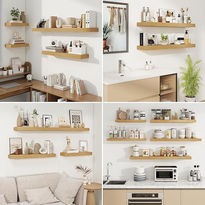 fuqing Floating Shelves for Wall, Wall Mounted Wood Floating Shelf with Invisible Brackets for Living Room, Bathroom, Bedroom, Kitchen Storage and Decor, 48 Inch Set of 2, Oak