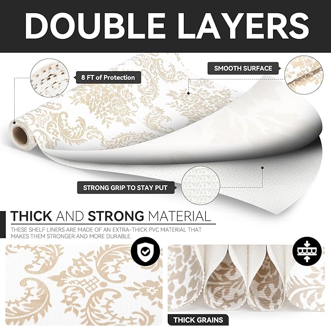 RAY STAR Shelf Liner, Non Adhesive Golden Damask Floral Cabinet Liner for Pantry Drawer, Strong Grip Non Slip Waterproof, Shelf Liners for Kitchen Cabinets Organization 18 Inch x 8 FT (3 Rolls)