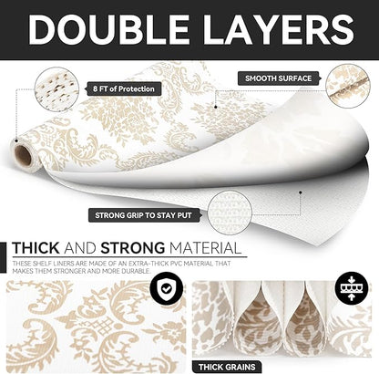 RAY STAR Shelf Liner, Non Adhesive Golden Damask Floral Cabinet Liner for Pantry Drawer, Strong Grip Non Slip Waterproof, Shelf Liners for Kitchen Cabinets Organization 18 Inch x 8 FT (3 Rolls)