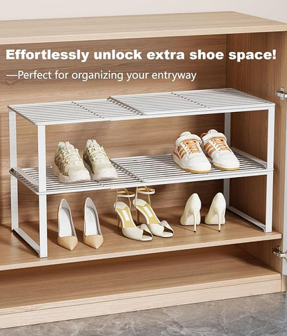 Multi-Functional Adjustable Metal Wire Shoe Rack Organizer - Stackable Shoe Storage for Closet, Extendable 15-24.4in, Retractable Entryway Shoe Cabinet Shelf (White, 4 Pack)