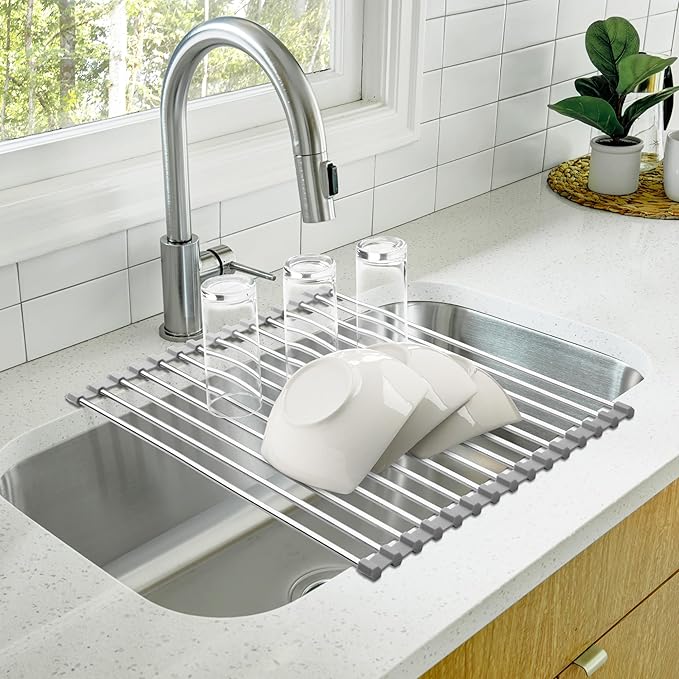 Zulay Kitchen 17.5” x 12” Roll Up Dish Drying Rack - Stainless Steel Over Sink Dish Drying Rack - Multipurpose Foldable Sink Rack for Kitchen Counter - Non-Slip, Heavy-Duty Drying Rack (Gray)