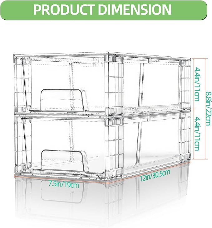 Small Stackable Clear Acrylic Storage Drawers(2 Pack) with Handles,Plastic Organizer Bins for Fridge Bathroom Kitchen Cabinet Pantry Coffee bar Undersink Office Closet Storage Bins