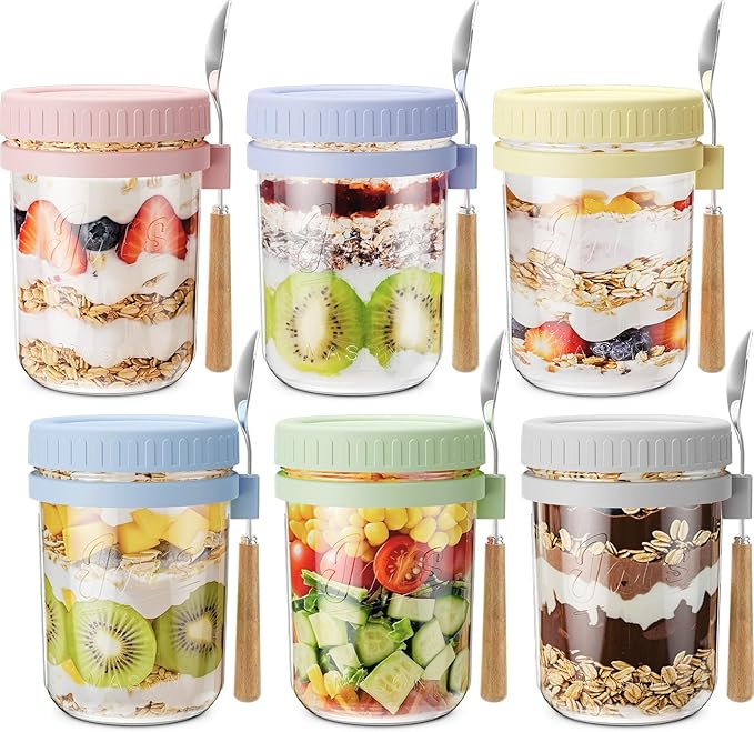 HomArtist 16oz Overnight Oats Containers with Lids and Spoons, 6 Pack Wide Mouth Mason Jars with Airtight Lids, Overnight Oats Jars for Salad, Chia Seed, Cereal, Yogurt