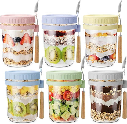 HomArtist 16oz Overnight Oats Containers with Lids and Spoons, 6 Pack Wide Mouth Mason Jars with Airtight Lids, Overnight Oats Jars for Salad, Chia Seed, Cereal, Yogurt