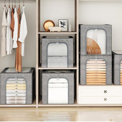 GoMaihe Clothes Storage Bin with Metal Frame: 4-Pack Stackable Closet Storage Bin with Lid & Clear Window, Sweater Boxes Storage for Closet Clothing Bedding Storage Organizer 40L