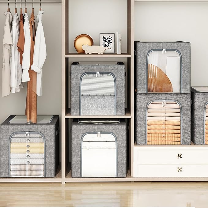 GoMaihe Clothes Storage Bin with Metal Frame: 6-Pack Stackable Closet Storage Bin with Lid & Clear Window, Sweater Boxes Storage for Closet Bedding Clothing Storage Organizer 40L