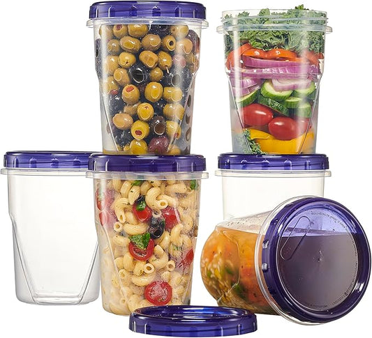PLASTICPRO 6 Pack Twist Cap Food Storage Containers with Blue Screw on Lid- 32 oz Reusable Meal Prep Containers - Freezer and Microwave Safe Blue Plastic Food Storage
