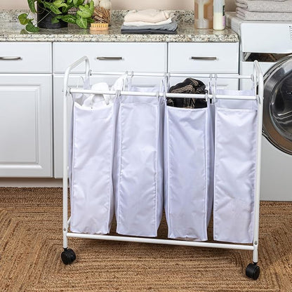 Household Essentials Rolling Laundry Sorter, 4 Bag Laundry Sorter Cart with Washable and Removable Bags, White