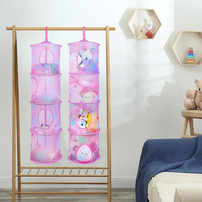 Basumee Stuffed Animals Net or Hammock 2 Pcs Stuffed Animals Storage Toy Net Hammock for Plushies Storage Organizer Mesh Kids Girls Room Decor, Pink, 4 Tiers