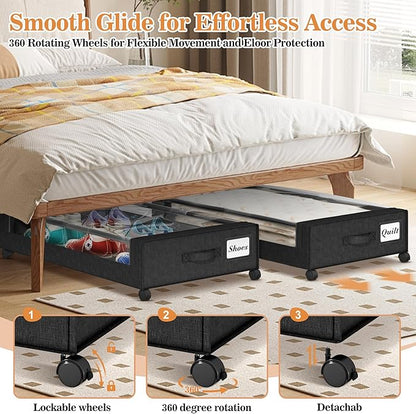 Gientan 2 Pack Under Bed Storage with 4 Dividers, Large Under Bed Storage Containers with Wheels for Clothes, Shoes, XXL Rolling Underbed Storage Organizer Bins with Clear Lids and Handles