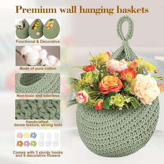 Boho Hanging Fruit Baskets for Kitchen with Hooks and Deco Flowers, 3 Pack handwoven Cotton hanging basket, Wall Basket for Vegetable Potato Onion Home Produce Storage (green)