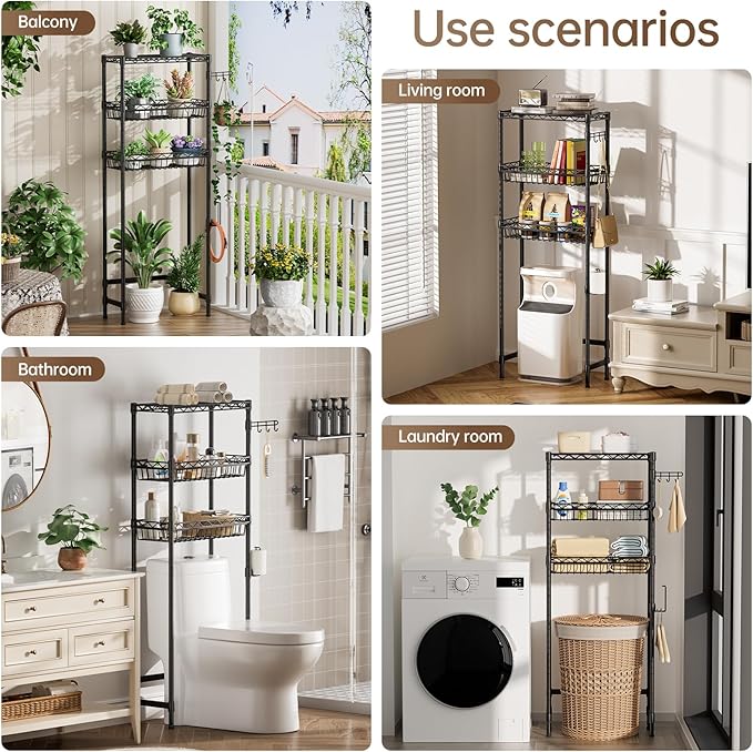 Golpart 3-Tier Over-The-Toilet Storage Shelf,Heavy-Duty Adjustable Bathroom Rack with 2 Mesh Baskets,Toilet Paper Holder & Hooks,Space-Saving Organizer for Bathroom,10”D x 24”W x 66”H,Black