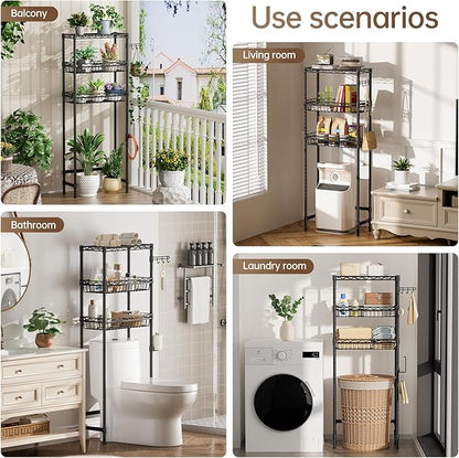 Golpart 3-Tier Over-The-Toilet Storage Shelf,Heavy-Duty Adjustable Bathroom Rack with 2 Mesh Baskets,Toilet Paper Holder & Hooks,Space-Saving Organizer for Bathroom,10”D x 24”W x 66”H,Black