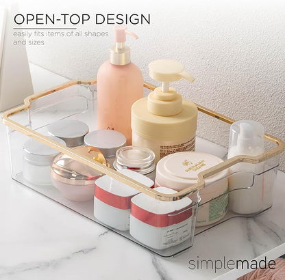 SIMPLEMADE Clear Refrigerator Organizer Bins - Clear Bins for Fridge, Containers for Fridge and Freezer, Multipurpose Storage for Kitchen, Office, Bathroom, Gold Rim (8" x 12")