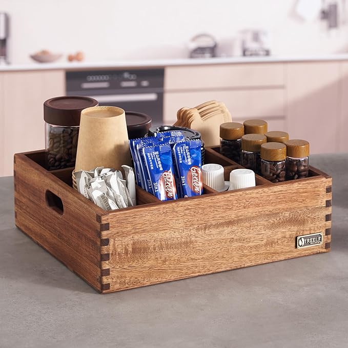 Acacia Wood Coffee Station Organizer for Countertop, Coffee Pods Holder & Condiment Storage Basket, 12-Inch Rustic Farmhouse Bar Decor for Tea Cups, Syrup, Stirrers, Accessories