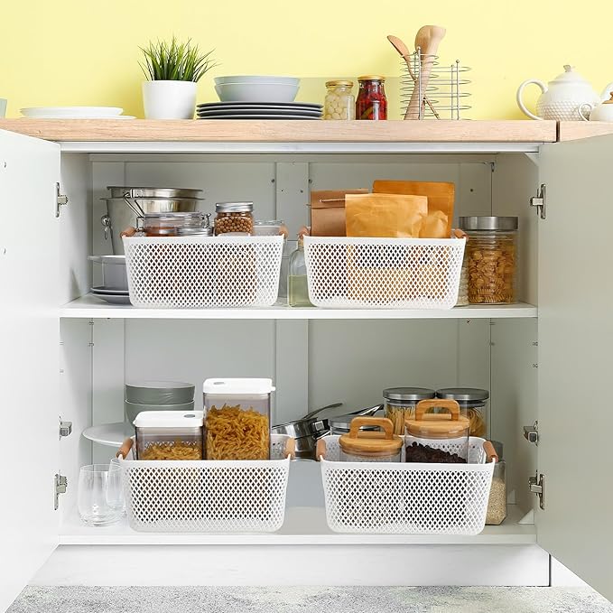 Tioncy 4 Pcs White Mesh Baskets with Wooden Handles Plastic Storage Organizer Baskets Pantry Basket Fruit Vegetables Gathering Basket Bin for Organizing Cabinet Closet Bedroom Kitchen(Small)