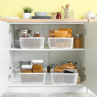 Tioncy 4 Pcs White Mesh Baskets with Wooden Handles Plastic Storage Organizer Baskets Pantry Basket Fruit Vegetables Gathering Basket Bin for Organizing Cabinet Closet Bedroom Kitchen(Small)