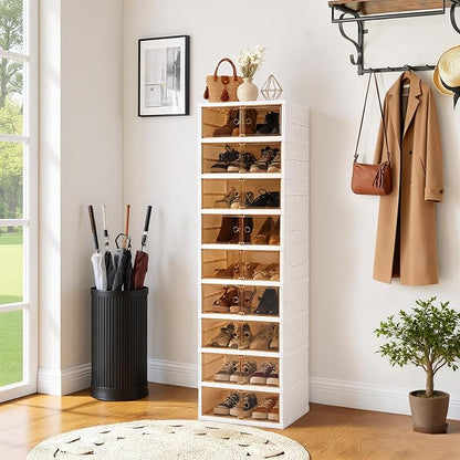 LAFORMO Collapsible Shoe Rack Organizer Foldable Shoe Cabinet with Doors, Large Plastic Folding Shoe Cabinet, Easy Assembly Shoe Shelves Organizer for Entryway (9Tiers,18Pairs)