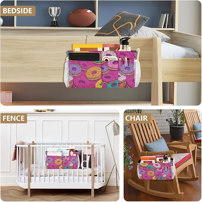 CuwrYet Bedside Caddy Hanging Bunk Bed Caddy Bed Organizer Hanging Pocket with 2 Hooks Bedside Storage Organizer Pocket Bag Holder Cute Donuts Colorful