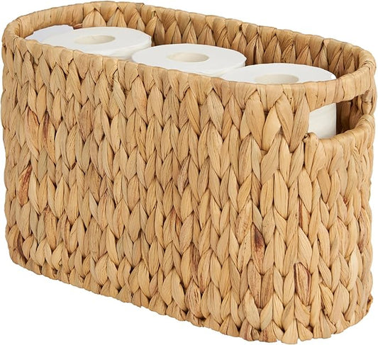 ELONG HOME Toilet Paper Storage Basket, Water Hyacinth Wicker Storage Holder for 6 Rolls Toilet Paper with Built-in Handles