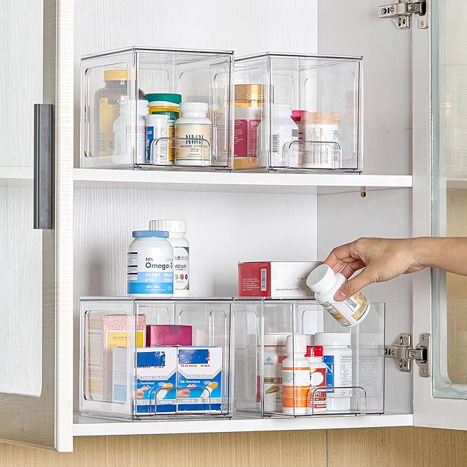 Vtopmart 4 Pack Stackable Storage Drawers, 6.6''Tall Acrylic Bathroom Makeup Organizers,Clear Plastic Drawers For Vanity, Undersink, Kitchen Cabinet,Pantry Organization and Storage