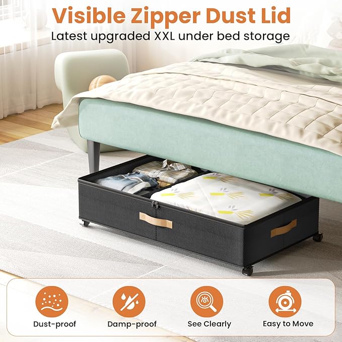 Mqaue Under Bed Storage with Wheels, 72L XXL Under the Bed Storage Containers Large, 10‘’ Tall Adjustable Storage for Underbed with Lids, Rolling for Shoes, Clothes, Blankets, Black
