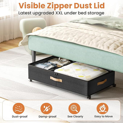 Mqaue Under Bed Storage with Wheels, 72L XXL Under the Bed Storage Containers Large, 10‘’ Tall Adjustable Storage for Underbed with Lids, Rolling for Shoes, Clothes, Blankets, Black