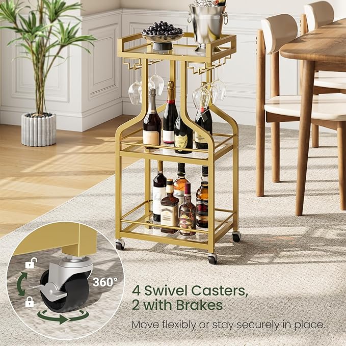 Bar Cart, 3-Tier Bar Serving Rolling Cart with Wheels and Wine Glass Holders, Mobile Beverage and Wine Cart, for Kitchen, Dining Room, Gold TTC30GJ