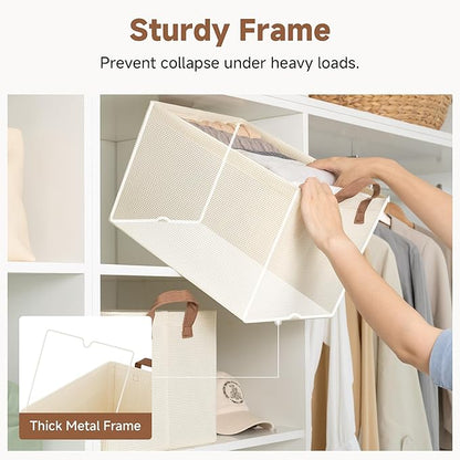 StorageWorks Storage Bins, Shelves Baskets for Organizing, Large Fabric Closet Organizers with Handles, Metal Frame, Beige（Texture）, 2-Pack