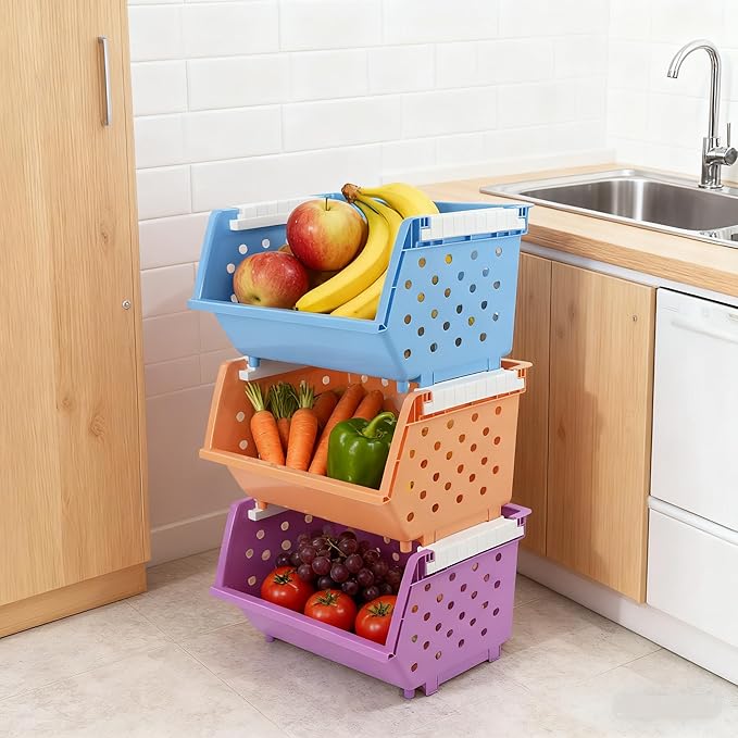 Stackable Storage Bins for Pantry, 4-Pack Open Front Stacking Basket, Muti-Purpose Organizer for Vegetable Fruit