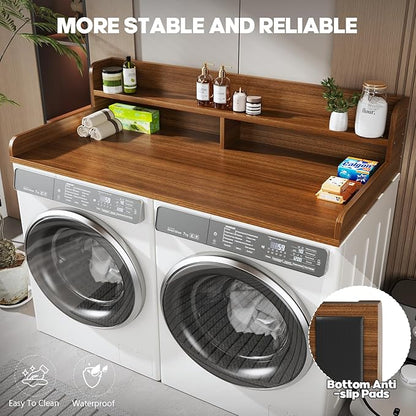 2-Tier Washer and Dryer Countertop with 2.75" H Guard,58" W x 28" D Laundry Countertop Cover with Non-Slip Pad,Large Space Laundry Topper for Folding Clothes Over Washer and Dryer-Brown