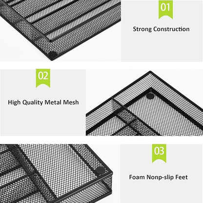 Neudeco Silverware Drawer Organizer Holder, Cutlery Tray Silverware Flatware Storage Divider for Kitchen, Bedroom, Living Room,Mesh Wire with Non-slip foam Feet, 5 Compoment（Black）