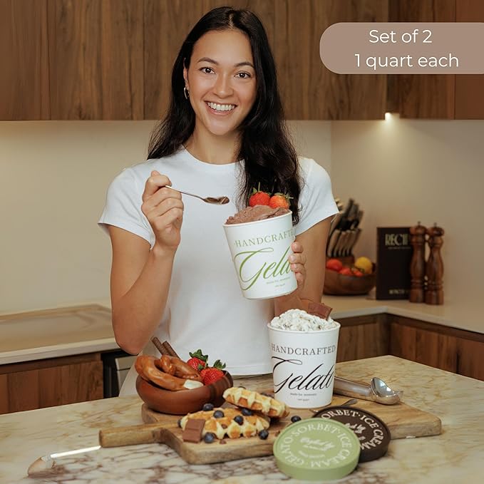 Set of 2 Ice Cream Containers, 1 Quart Each Reusable Freezer Storage for Homemade Gelato, Sorbet & Frozen Yogurt, 2 Spoons Included, Stackable Containers with Silicone Lids BPA Free