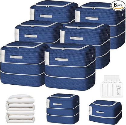 Easortm Comforter Storage Bag - 110L Large Capacity Blanket Storage Bags Ultra Space Saving Self Compression Organizer, Washable Compression Bags for Storage Comforter Blanket, 6-Pack, Navy Blue