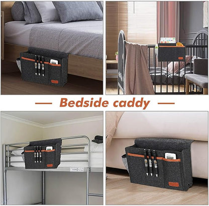 WantuSee Bedside Caddy, Bed Storage Organizer for Remote Controller, Books, Magzine, Laptop Holder, 12.4'' x 8.6'' inch Bedside Hanging Felt Storage Bag for Dorm Bed with 5 Pockets, Dark Gray