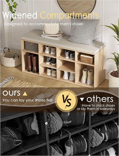 DINZI LVJ Shoe Storage Bench with Cushion, 12-Cubby Shoe Rack, Adjustable Shelves, 40.9" Long Shoe Organizer Bench for Entryway, Mudroom, Hallway, Garage, Natural and Cappuccino Beige