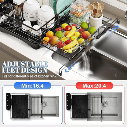 Oroonoko Extendable Dish Drying Rack,Large Drying Dish Drainer for Kitchen Counter, Stainless Steel Dish Strainer with Utensil Rack and Adjustable Feet for Sink