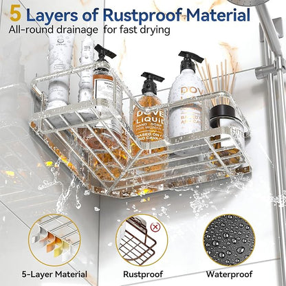 YASONIC Corner Shower Caddy Organizer, 3-Pack Self-Adhesive Rustproof Bath Shelves with Soap Holder & 4 Hooks, Large Capacity Shower Storage Rack for Bathroom Organization, Silver