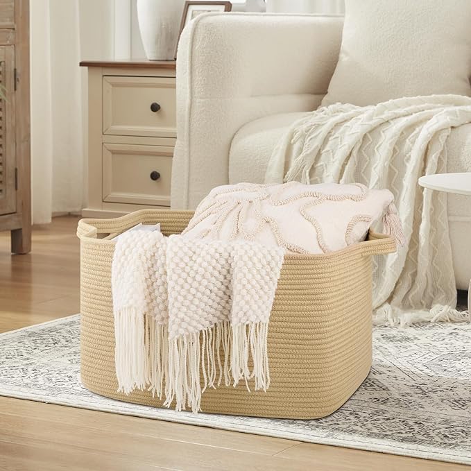 Large Blanket Basket, Jute Blanket Storage Living Room, Rectangle Woven Baskets for Storage Toys, Towels, Dirty Clothes Organizer Bins (Jute)
