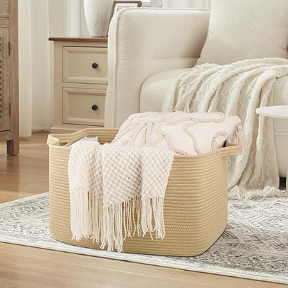 Large Blanket Basket, Jute Blanket Storage Living Room, Rectangle Woven Baskets for Storage Toys, Towels, Dirty Clothes Organizer Bins (Jute)