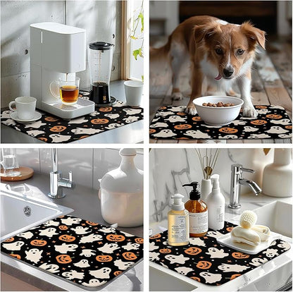 Wnoesat Halloween Dish Drying Mat for Kitchen Counter Pumpkin Spooky Ghosts Fall Dish Mat Absorbent Microfiber Reversible Dish Draining Mat Medium Dishes Pad 16 X 18 Inch