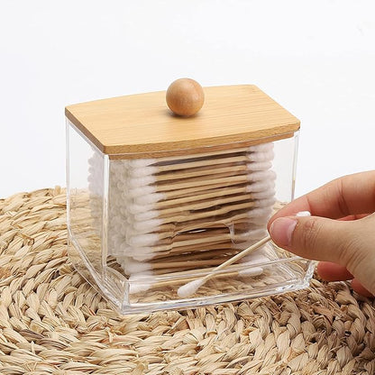 Tbestmax 2 Pack 10oz Qtip Holder Dispenser with Bamboo Lids, Big Clear Bathroom Organizer Accessories Decor for Storage-Qtips Cotton Ball Holder Apothecary Jars, Cotton Swabs, Floss Container