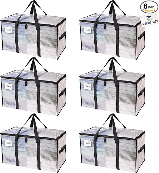 RUGGED RHINO 6 Pack Heavy Duty Extra Large Moving Bags, Durable Bag with Strong Handles and Zipper, Moving Boxes Alternative for College Packing, Holiday Décor, Space Saving Storage with Label, Clear
