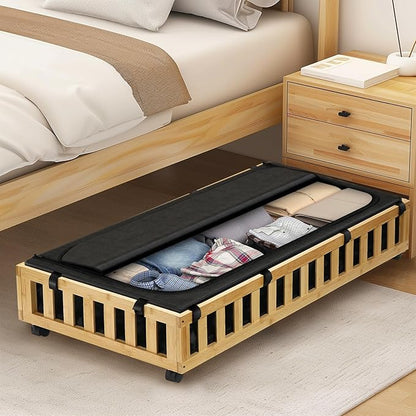 Gashell 2 Pack Bamboo Under Bed Storage with Wheels, 39”x20”x7.8” Lager Under Bed Storage Containers (Natural)