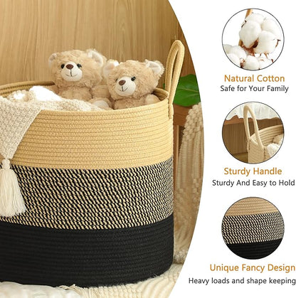 KAKAMAY Large Blanket Basket (18"x18"x16"),Woven Baby Laundry Hamper for Storage, Cotton Rope Blankets Baskets for Nursery, Laundry, Living Room, Pillows, Baby Toy Chest with Handles (Black)