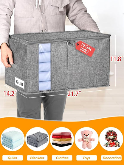 boailydi 60L Blanket/Comforter Storage Bag w/Rigid Side & Bottom Support, Stackable Clothes Storage Bin for Sweaters Bedding Sets Quilts Pillows, Closet Organizer, 21.7x14.2x11.8in, 2 Pack, Gray
