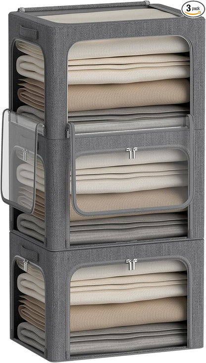 3Pack Stackable Foldable Storage Bin - Metal Frame Storage Box Clothing Storage Organizer with Clear Window, Carry Handles (66L-19.7x15.7x13in, Dark Grey)