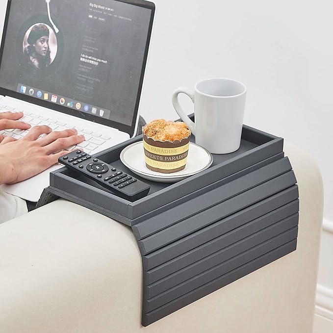 GEHE Bamboo Sofa Arm Tray, Foldable Couch Arm Tray Side Table, Anti-Falling Armrest Tables Cup Holder for Snacks, Drinks, Beers, Phone, Control, Flexible and Portable, Anti-Slip